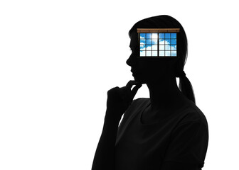 Mental health. Silhouette of woman with window in head on white background