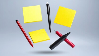 Floating stationery items including yellow sticky notes and pens against a soft gray background