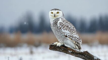 A snowy owl perched gracefully on a branch in a winter setting. - Powered by Adobe