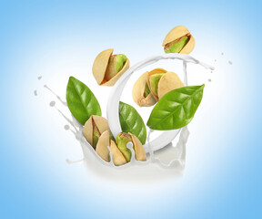 Milk splash with pistachios and green leaves in air on blue gradient background