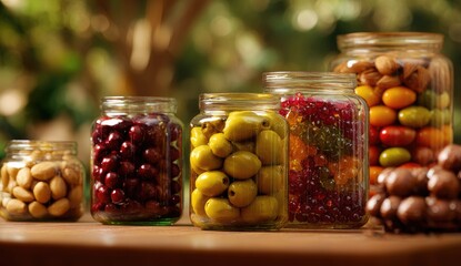 Glass jars filled with various nuts and imitation fruits sit on a wooden table outdoors, bathed in sunlight against a blurred green background
