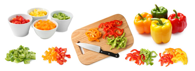 Fresh bell peppers isolated on white, collage. Whole and sliced