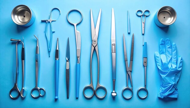 Surgical tools arranged neatly on a blue background, showcasing precision instruments for medical use