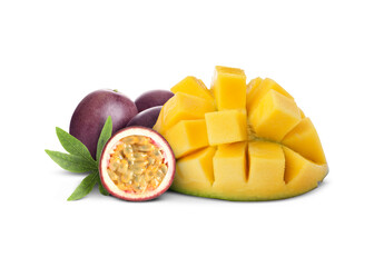 Fresh juicy mango cut in cubes and passion fruits isolated on white