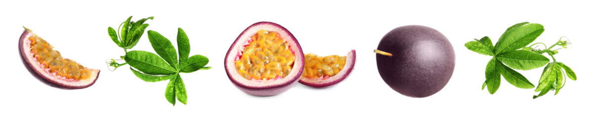 Passion fruits and green leaves isolated on white, set