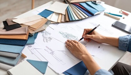 Designer sketching fashion concepts on paper surrounded by colorful fabric swatches and tools