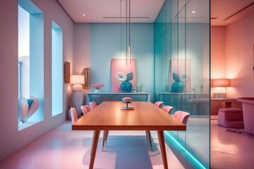 Modern dining area with pastel decor and artistic elements in a stylish interior setting