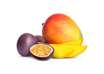 Sweet fresh mangos and passion fruits isolated on white