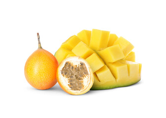 Fresh juicy mango cut in cubes and passion fruits isolated on white