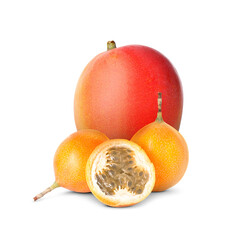 Fresh juicy mango and passion fruits isolated on white