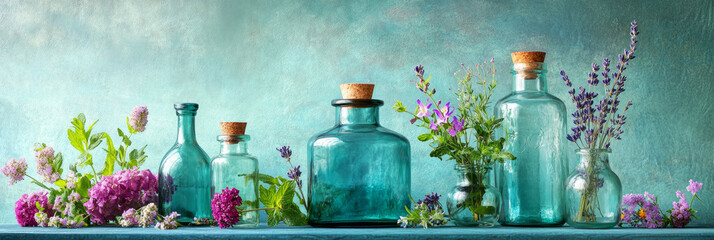 Glass bottles with vibrant liquids sit among a lush arrangement of flowers and herbs against a cheerful blue background, showcasing natural beauty, banner