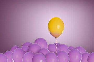 Be different. Yellow balloon over violet ones on lilac gradient background