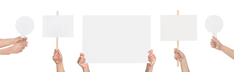 Group of people holding blank signs on white background, closeup. Mockup for design
