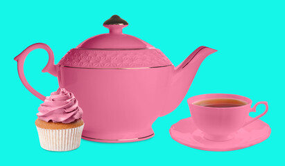 Pink teapot, cup and cupcake against cyan color background