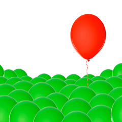 Be different. Red balloon over green ones on white background
