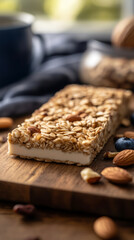 Fototapeta premium A nutritious granola bar topped with blueberries and raspberries is presented on a slate plate alongside fresh coffee in a warm kitchen ambiance