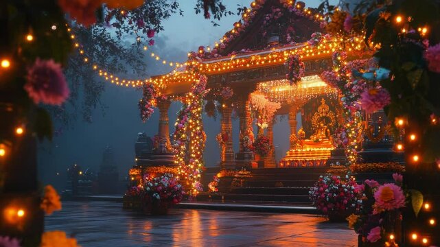 Temple decorated with flowers and lights, the spiritual atmosphere on Navaratri festival, traditional decorations convey the grandeur and importance of the Hindu festival dedicated to Goddess Durga