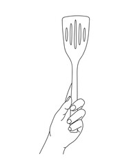 Cooking slotted turner in hand line art vector illustration