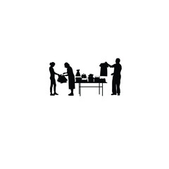 A charity event with people donating goods on white background