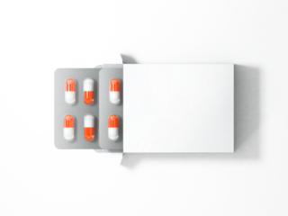 A pack of capsules with a blank box, illustrating pharmaceutical products for health and medicine.