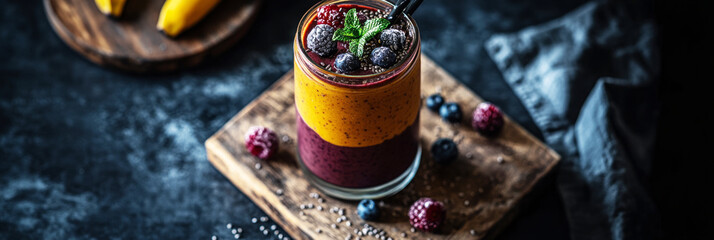 Vibrant layers of smoothie made from fruits are presented in a glass on a wooden board, surrounded by fresh berries and mint, creating a beautiful breakfast display, banner