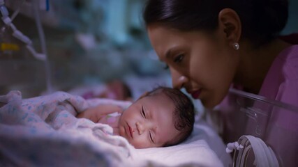 Mother watches over her newborn baby in the hospital room filled with love and care during the critical early hours of life - Powered by Adobe