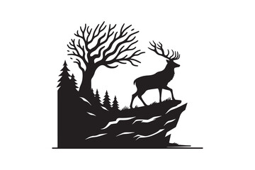 Silhouette of a majestic stag standing on a cliff with tree branches blending into its antlers – minimal and bold icon style on a white background
