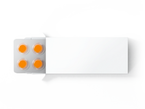 A clear container with four orange circular compartments and a blank white section, likely for storing or transporting substances.