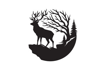 Silhouette of a majestic stag standing on a cliff with tree branches blending into its antlers – minimal and bold icon style on a white background