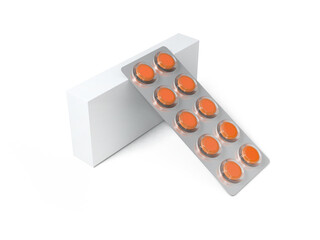 A blister pack of orange tablets next to an empty box, commonly used for medication.