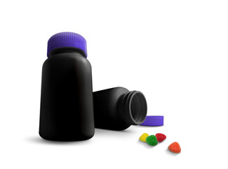 Two black bottles with purple caps, one open, next to colorful gummy candies.