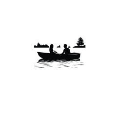 A couple enjoying a boat ride on a lake on white background