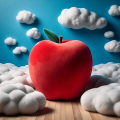 Obraz premium A surreal red apple floating in a dreamy sky with fluffy white clouds, symbolizing imagination and surrealism.