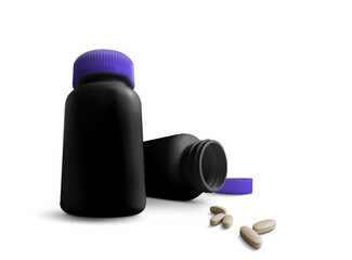 A pair of black bottles with purple caps, one open, alongside several white pills, suggesting a focus on health or medication.
