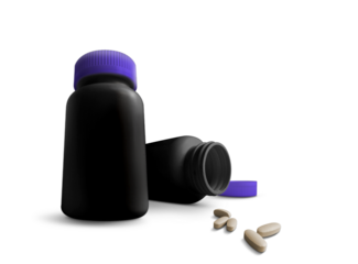 A pair of black bottles with purple caps, one open, alongside several white pills, suggesting a focus on health or medication.