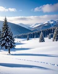 winter landscape with trees in the foreground and hills covered by snow