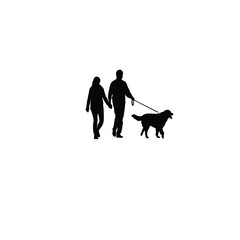 A couple walking a dog on a spring morning on white background