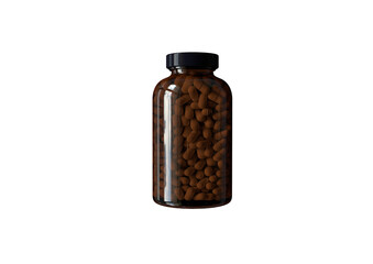 A dark glass bottle filled with brown capsules, likely representing dietary supplements or medication.