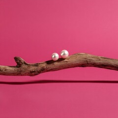 Obraz premium Two creamy pearl earrings rest on a weathered driftwood branch against a vibrant pink backdrop