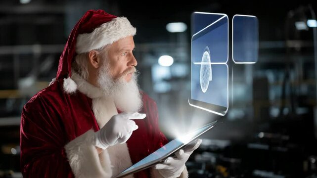 Santa Claus using a touch screen tablet in his factory and showing holographic icons of a Christmas tree, a technology concept.
