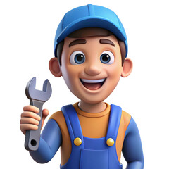 Happy cartoon mechanic holding wrench isolated on transparent background
