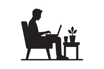 Minimal silhouette of a freelancer working on a laptop with coffee cup 