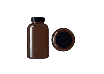 A brown glass bottle with a black lid, accompanied by a matching cap, typically used for storing liquids or supplements.