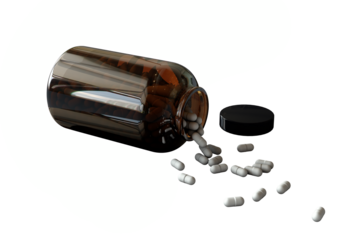 A brown bottle of pills tipped over, spilling white capsules onto a surface, suggesting medication or health-related use.