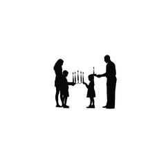 A family lighting candles for a festive occasion on white background