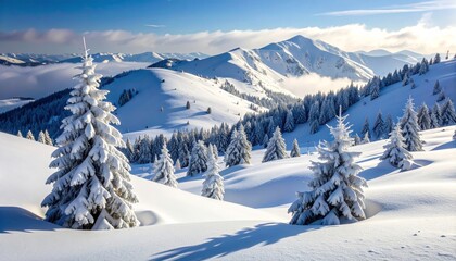 winter landscape with trees in the foreground and hills covered by snow