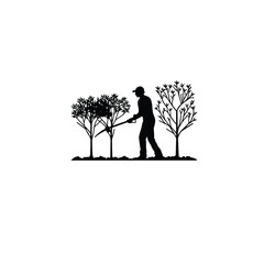 A gardener trimming bushes and planting saplings on white background