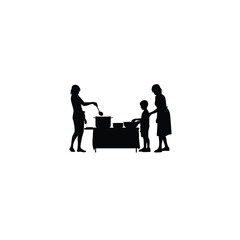 A family volunteering at a soup kitchen on white background