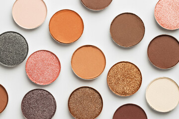 Beautiful eyeshadow refill pans on white background, flat lay