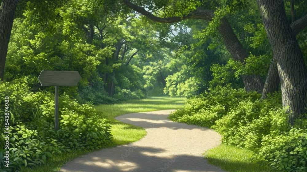 Aufkleber winding path through lush forest: a serene journey along a winding path, embraced by the emerald emb
